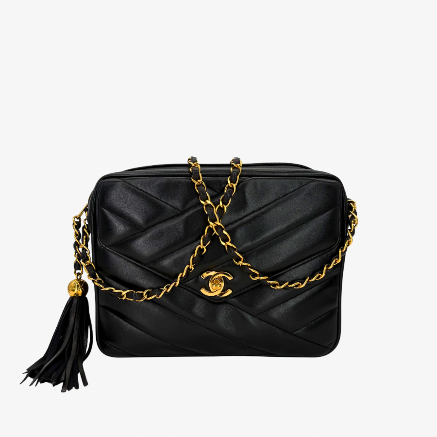 JZ989 - CHANEL Vintage Black Lambskin Cross Stripe Camera Bag
