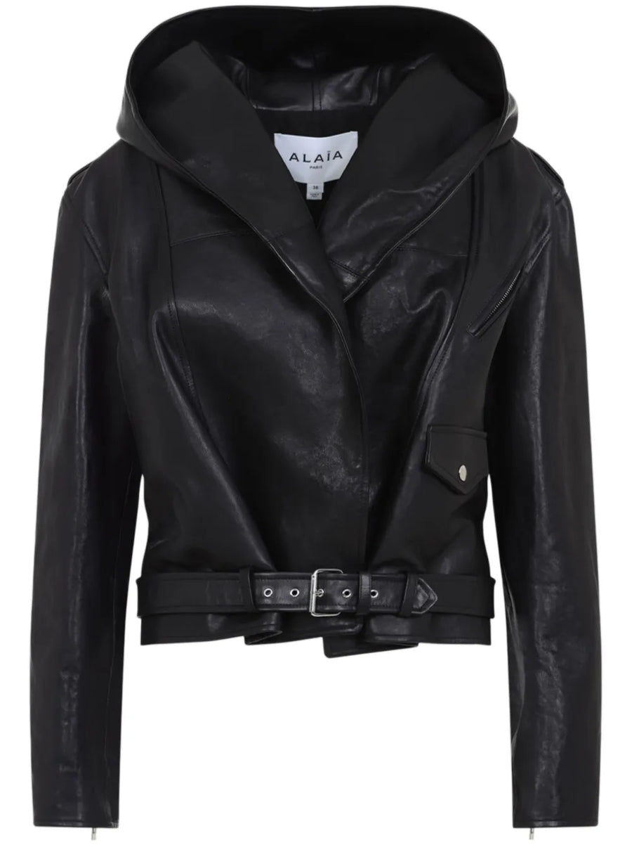 hooded leather biker jacket