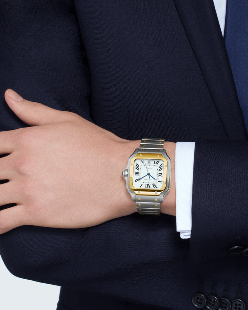 CARTIER SANTOS DE CARTIER, LARGE, AUTOMATIC, YELLOW GOLD AND STEEL, INTERCHANGEABLE METAL AND LEATHERS BRACELETS