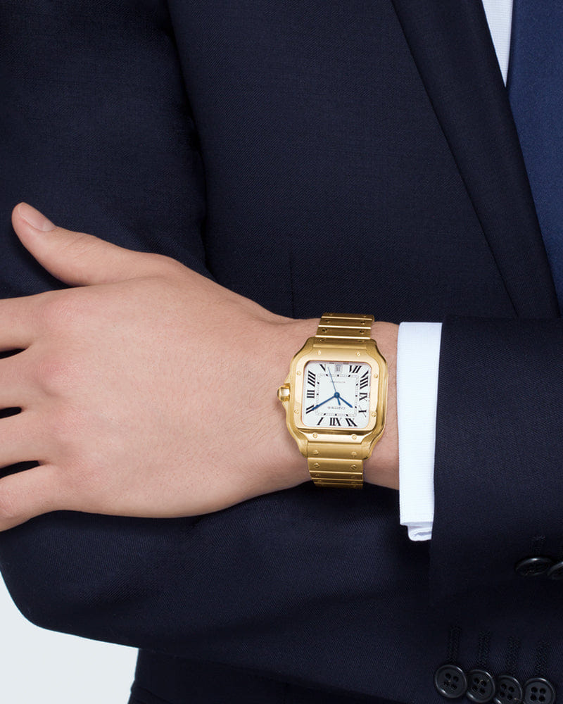 CARTIER SANTOS DE CARTIER, LARGE, AUTOMATIC, YELLOW GOLD, INTERCHANGEABLE METAL AND LEATHER BRACELETS