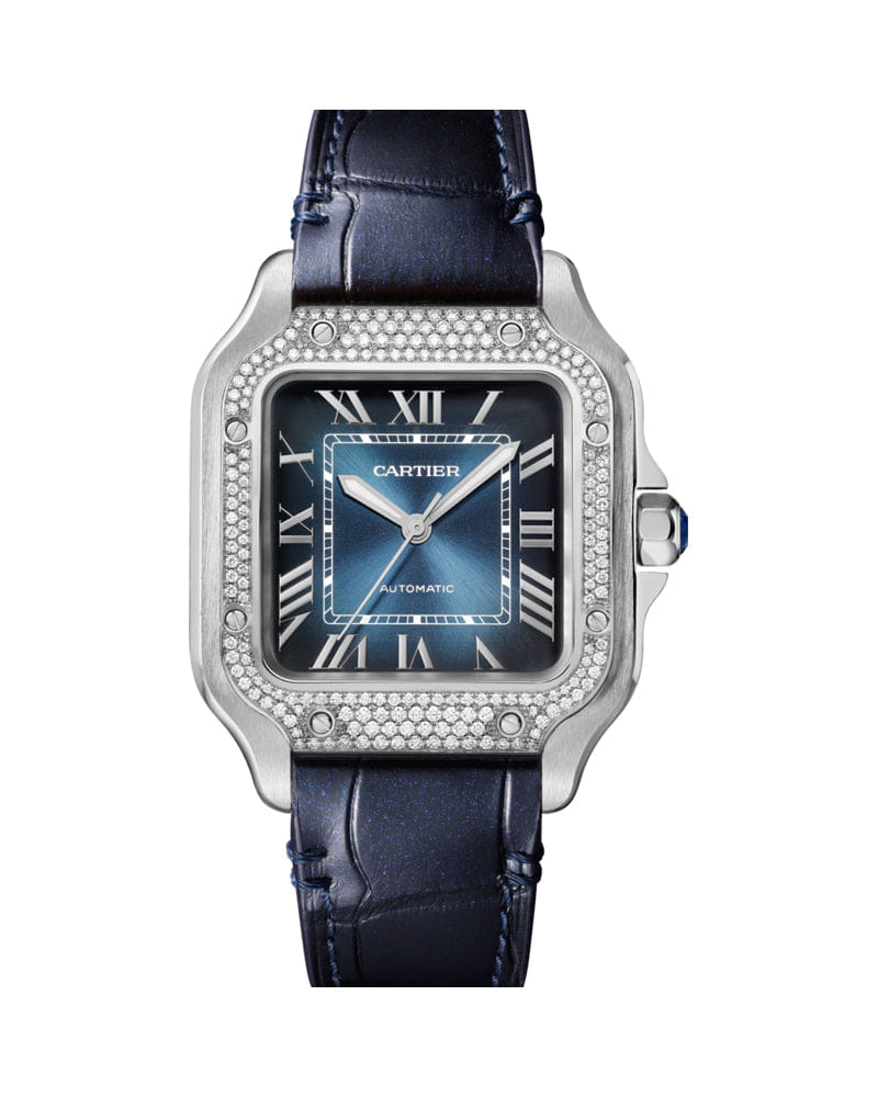 CARTIER SANTOS DE CARTIER, MEDIUM , AUTOMATIC , STEEL , DIAMONDS , INTERCHANGEABLE METAL , LEATHER BRACELETS