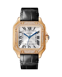 CARTIER SANTOS DE CARTIER, MEDIUM, AUTOMATIC, ROSE GOLD, DIAMONDS, TWO INTERCHANGEABLE LEATHER BRACELETS