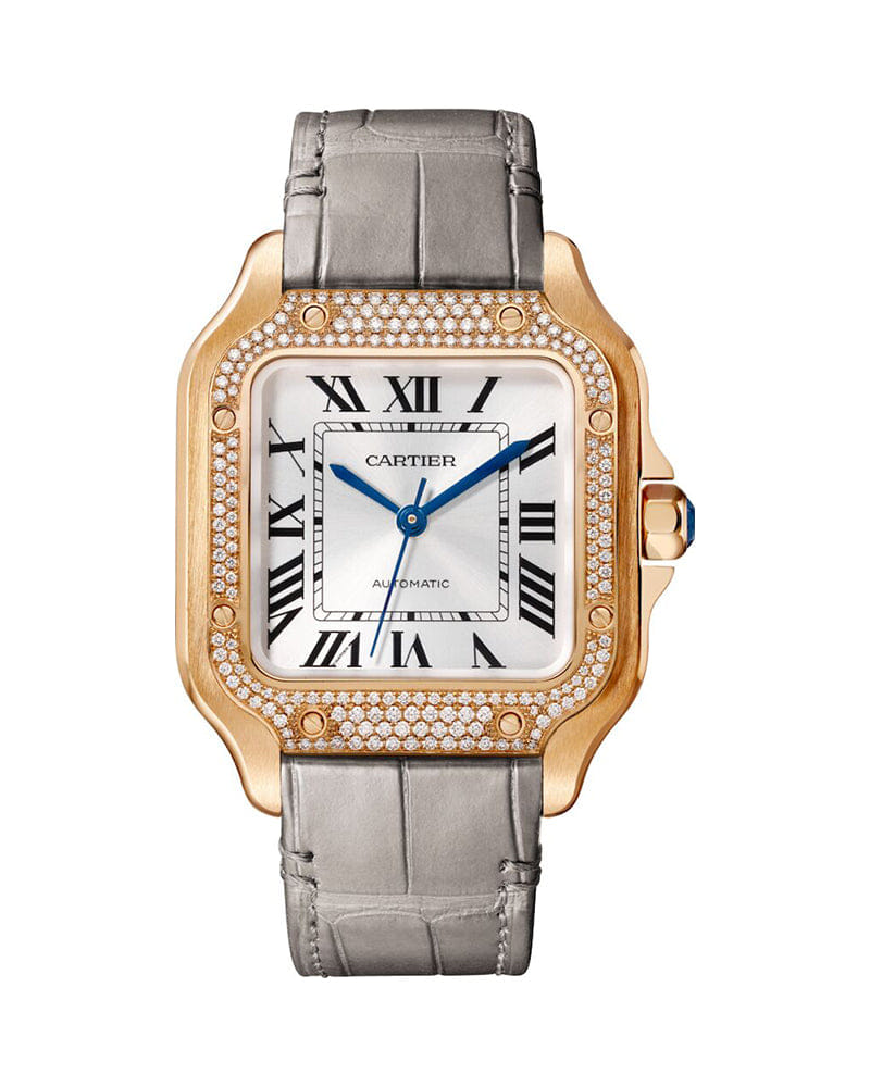 CARTIER SANTOS DE CARTIER, MEDIUM, AUTOMATIC, ROSE GOLD, DIAMONDS, TWO INTERCHANGEABLE LEATHER BRACELETS