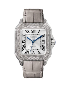 CARTIER SANTOS DE CARTIER, MEDIUM, AUTOMATIC, WHITE GOLD, DIAMONDS, TWO INTERCHANGEABLE LEATHER BRACELETS