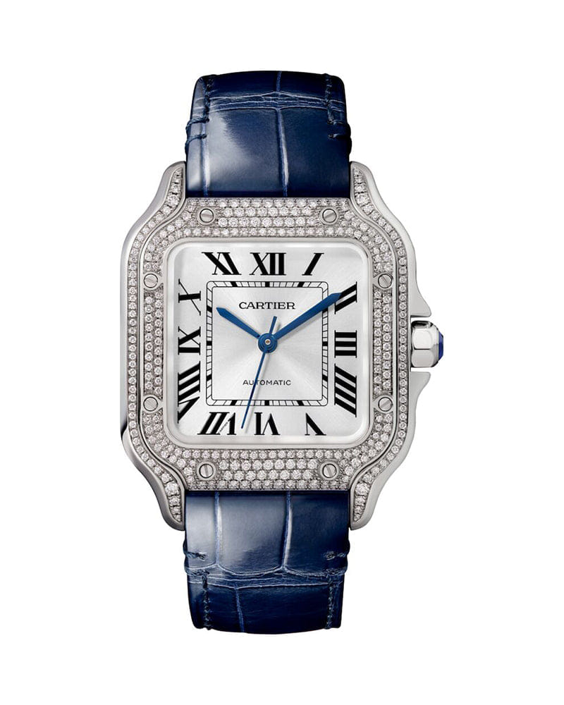CARTIER SANTOS DE CARTIER, MEDIUM, AUTOMATIC, WHITE GOLD, DIAMONDS, TWO INTERCHANGEABLE LEATHER BRACELETS