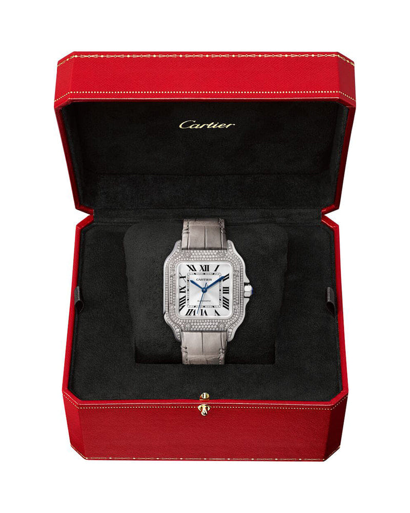 CARTIER SANTOS DE CARTIER, MEDIUM, AUTOMATIC, WHITE GOLD, DIAMONDS, TWO INTERCHANGEABLE LEATHER BRACELETS