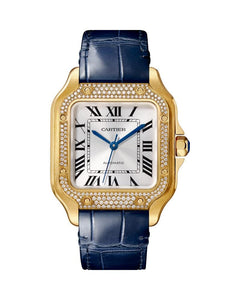 CARTIER SANTOS DE CARTIER, MEDIUM, AUTOMATIC, YELLOW GOLD, DIAMONDS, TWO INTERCHANGEABLE LEATHER BRACELETS