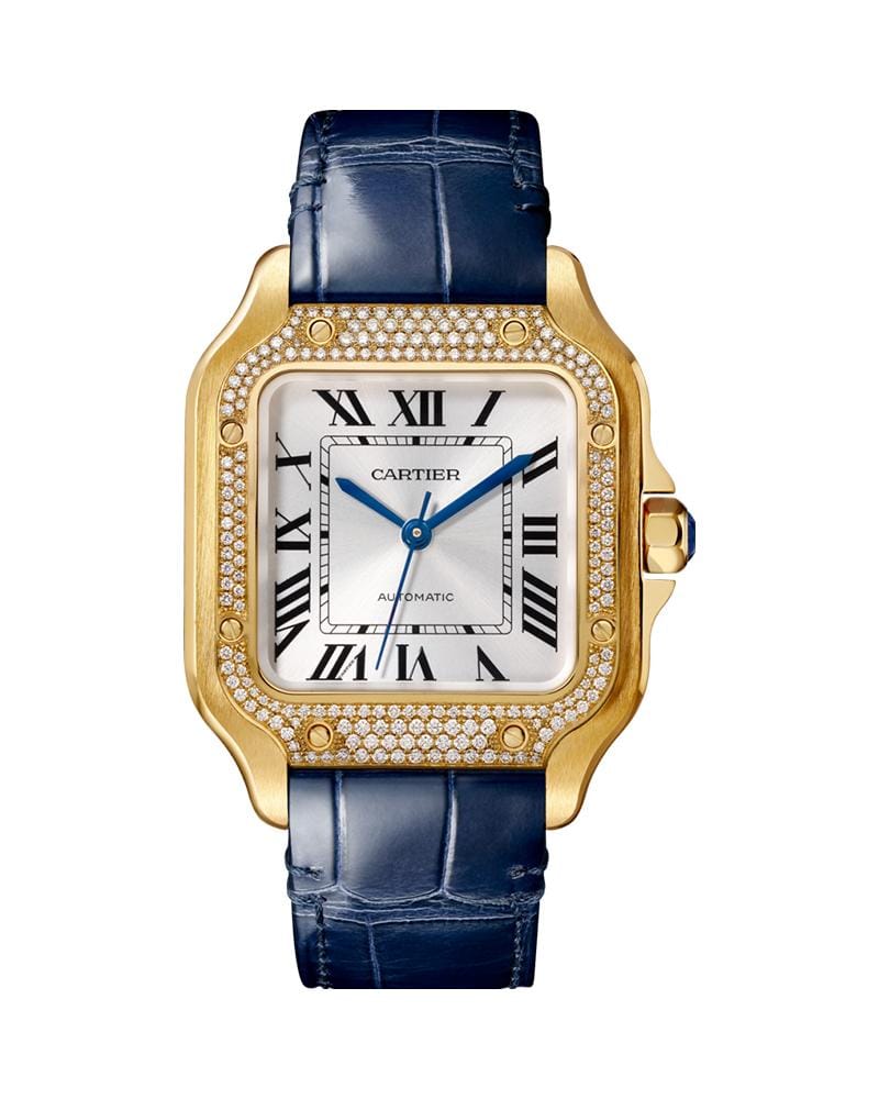 CARTIER SANTOS DE CARTIER, MEDIUM, AUTOMATIC, YELLOW GOLD, DIAMONDS, TWO INTERCHANGEABLE LEATHER BRACELETS