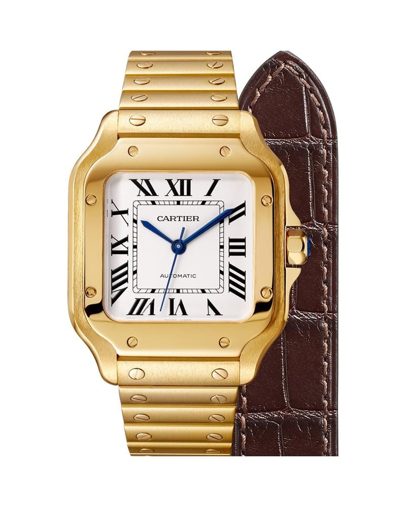 CARTIER SANTOS DE CARTIER, MEDIUM, AUTOMATIC, YELLOW GOLD, INTERCHANGEABLE METAL AND LEATHER BRACELETS