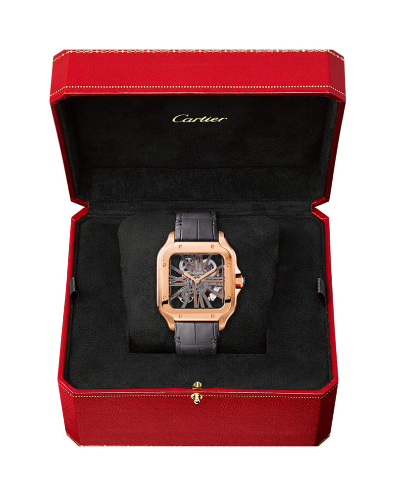 CARTIER SANTOS DE CARTIER, SKELETON, LARGE, MANUAL, ROSE GOLD, INTERCHANGEABLE METAL AND LEATHER BRACELETS