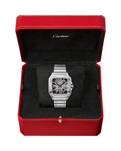 CARTIER SANTOS DE CARTIER, SKELETON, LARGE, MANUAL, STEEL, INTERCHANGEABLE STEEL AND LEATHER BRACELETS