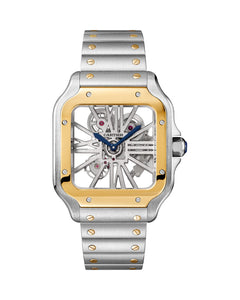 CARTIER SANTOS DE CARTIER, SKELETON, LARGE, MANUAL, YELLOW GOLD AND STEEL, LEATHER, INTERCHANGEABLE METAL AND LEATHER BRACELETS