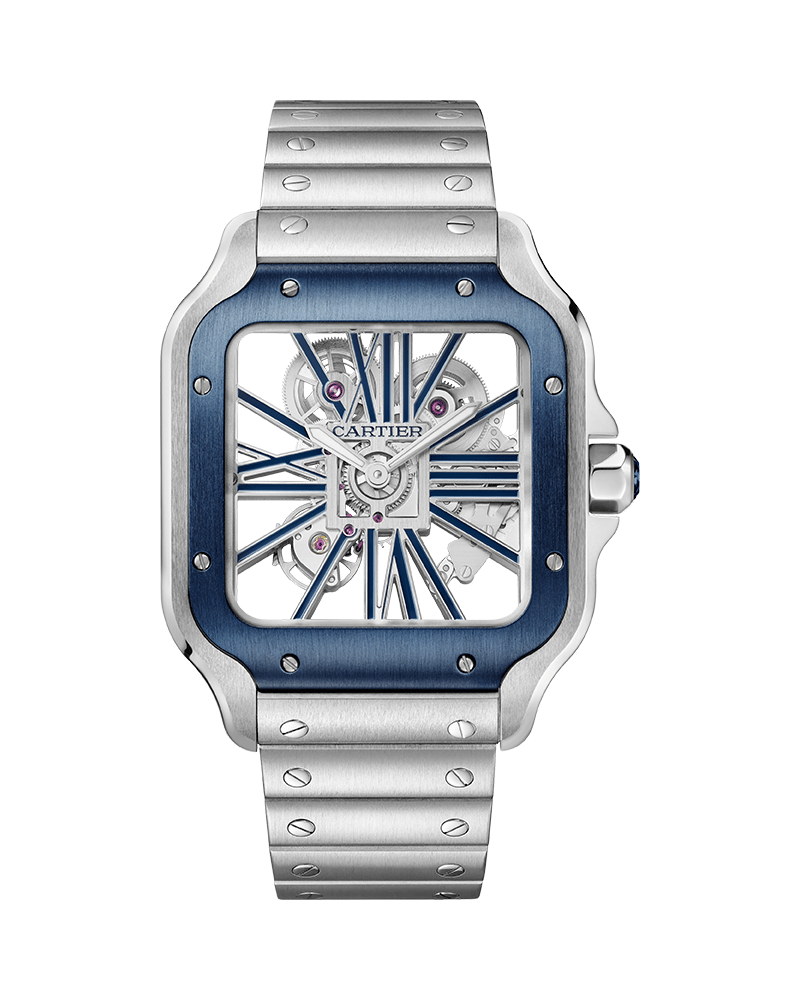 CARTIER SANTOS DE CARTIER, SKELETON, LARGE, MANUAL, STEEL, INTERCHANGEABLE METAL AND RUBBER BRACELETS