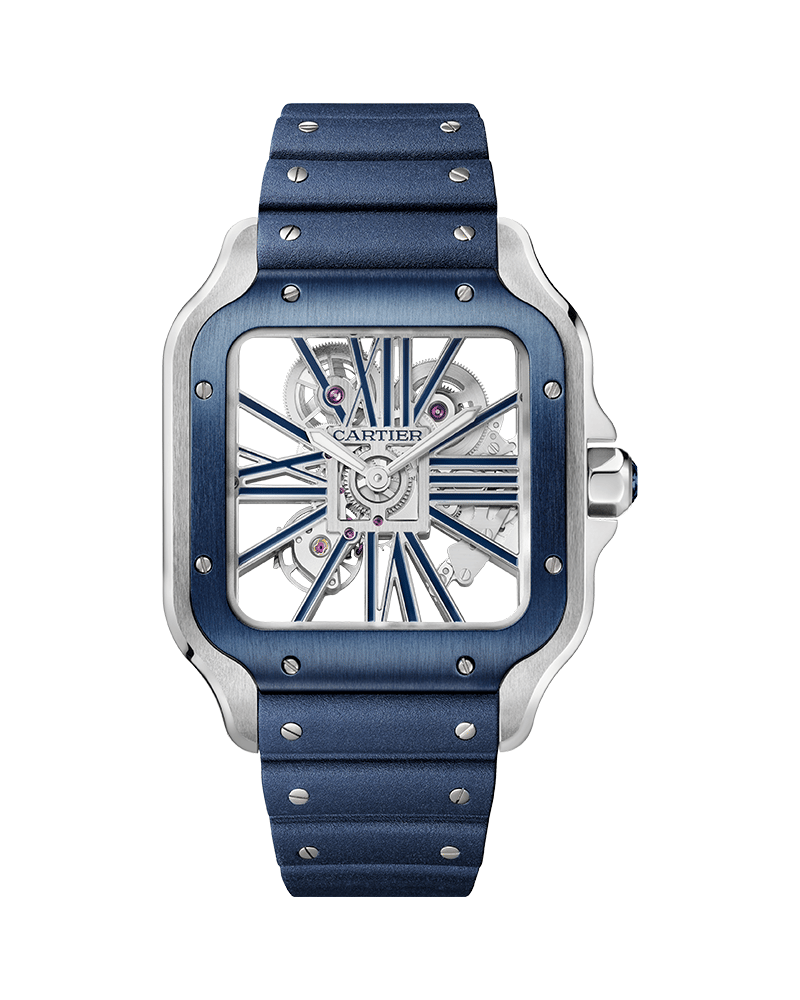 CARTIER SANTOS DE CARTIER, SKELETON, LARGE, MANUAL, STEEL, INTERCHANGEABLE METAL AND RUBBER BRACELETS