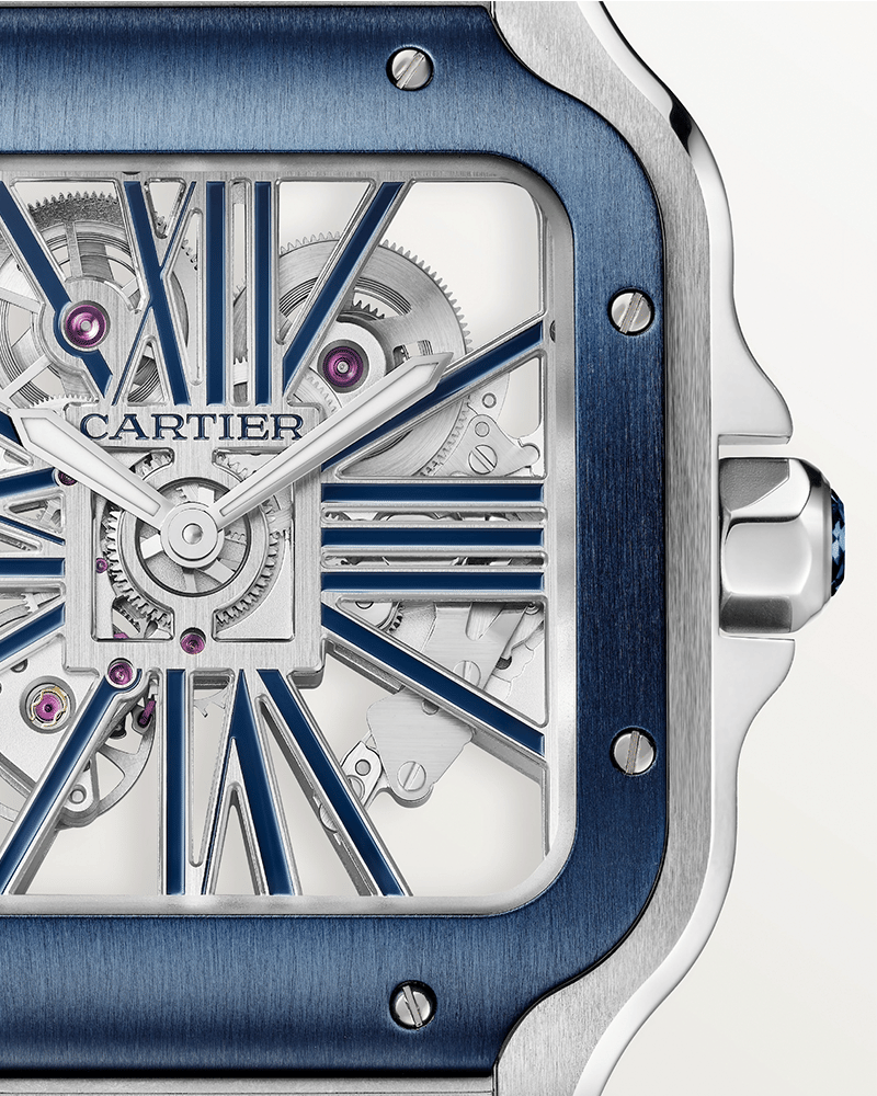 CARTIER SANTOS DE CARTIER, SKELETON, LARGE, MANUAL, STEEL, INTERCHANGEABLE METAL AND RUBBER BRACELETS