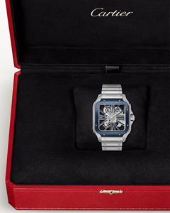 CARTIER SANTOS DE CARTIER, SKELETON, LARGE, MANUAL, STEEL, INTERCHANGEABLE METAL AND RUBBER BRACELETS