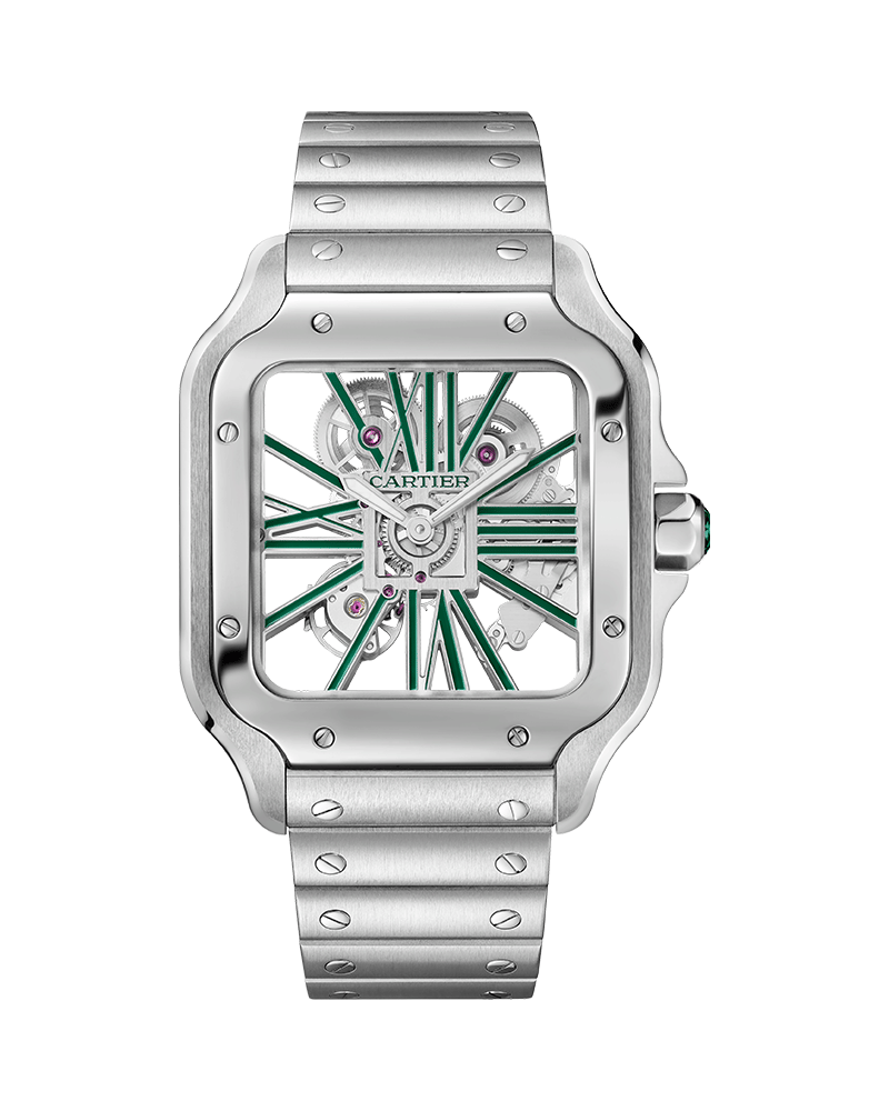 CARTIER SANTOS DE CARTIER, SKELETON, LARGE, MANUAL, STEEL, INTERCHANGEABLE METAL AND LEATHER BRACELETS