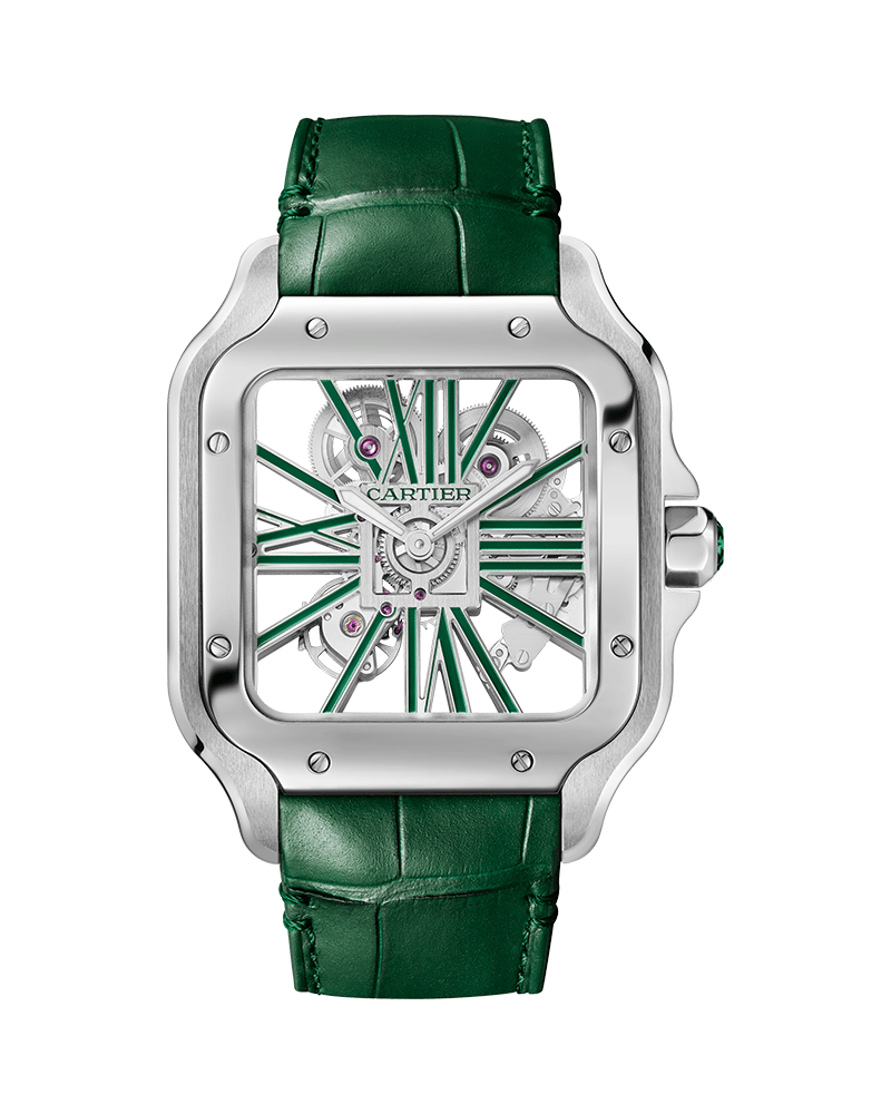 CARTIER SANTOS DE CARTIER, SKELETON, LARGE, MANUAL, STEEL, INTERCHANGEABLE METAL AND LEATHER BRACELETS