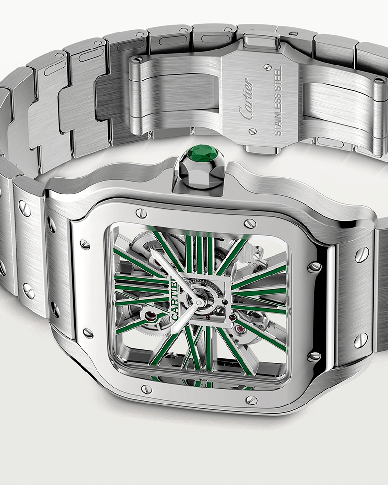 CARTIER SANTOS DE CARTIER, SKELETON, LARGE, MANUAL, STEEL, INTERCHANGEABLE METAL AND LEATHER BRACELETS