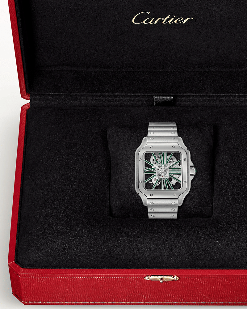 CARTIER SANTOS DE CARTIER, SKELETON, LARGE, MANUAL, STEEL, INTERCHANGEABLE METAL AND LEATHER BRACELETS
