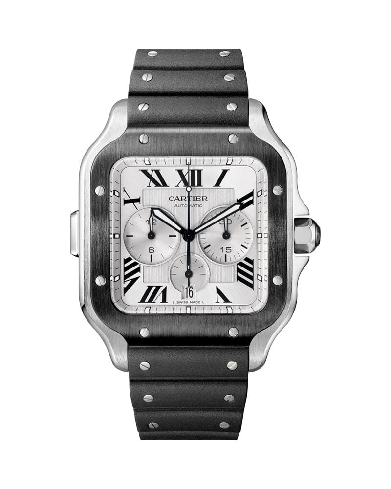CARTIER SANTOS DE CARTIER, XL, CHRONOGRAPH, STEEL AND ADLC, INTERCHANGEABLE RUBBER AND LEATHER BRACELETS