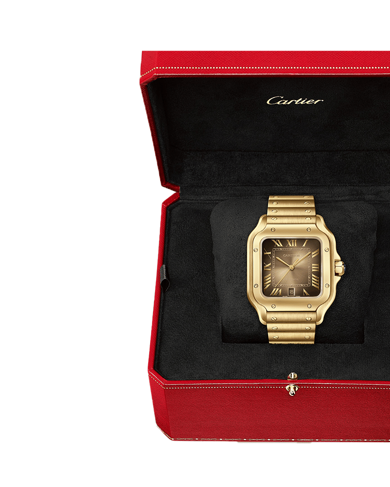 CARTIER SANTOS DE CARTIER WATCH LARGE MODEL, AUTOMATIC MOVEMENT, YELLOW GOLD, INTERCHANGEABLE METAL AND LEATHER BRACELETS