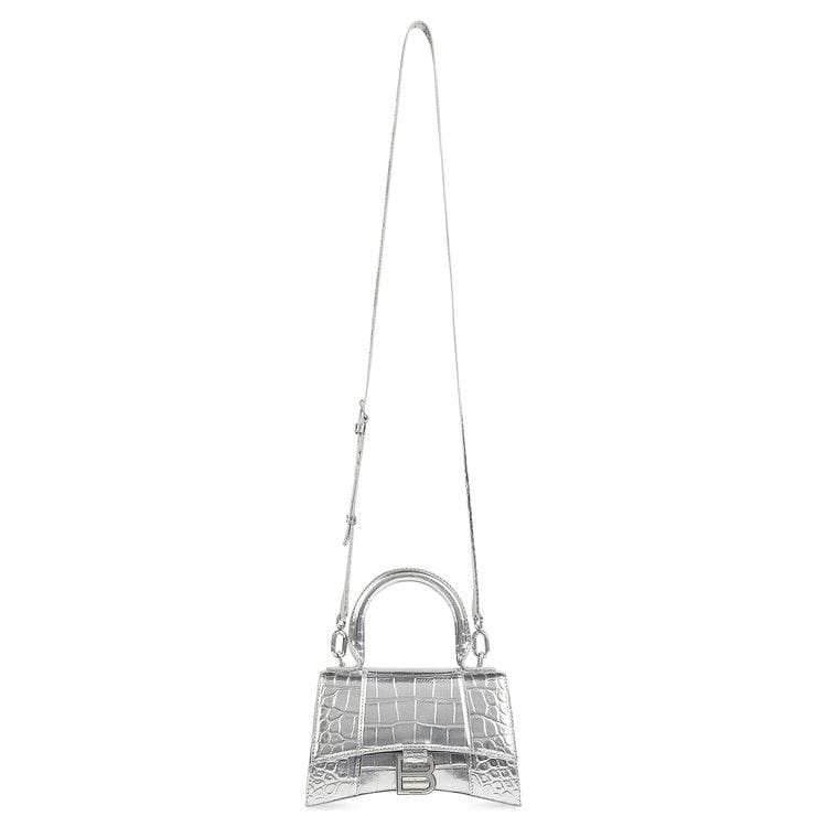 Balenciaga Crocodile Embossed XS Hourglass Handbag In Silver