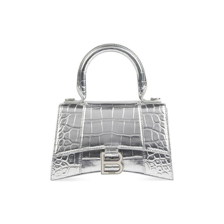 Balenciaga Crocodile Embossed XS Hourglass Handbag In Silver