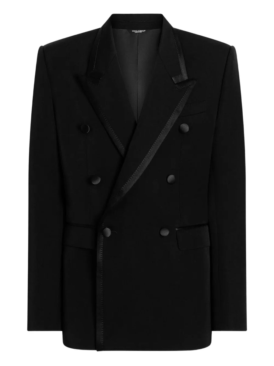 double-breasted satin-trim suit jacket
