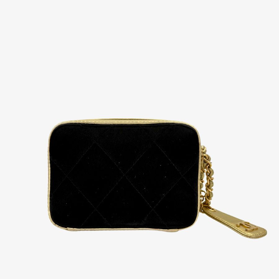 C647 - CHANEL Vintage Black/Gold Satin with Lambskin Camera Bag