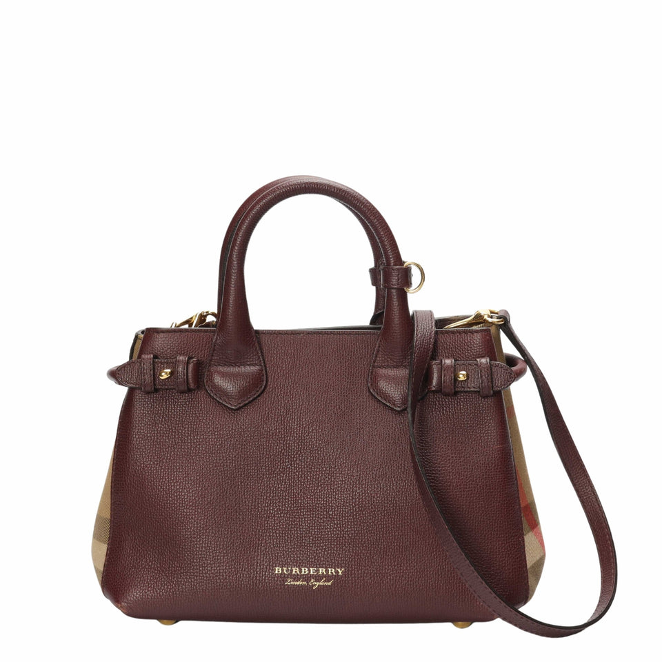 Burberry Burgundy House Check Fabric Banner Satchel