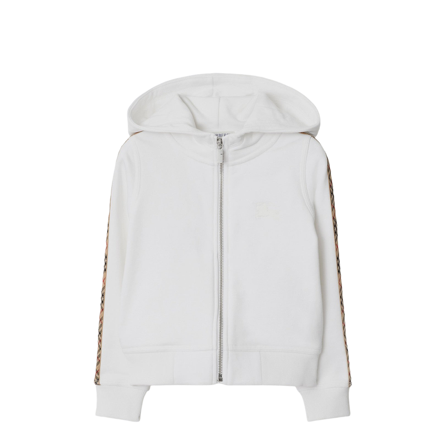 White Zip Hoodie With Check Trims
