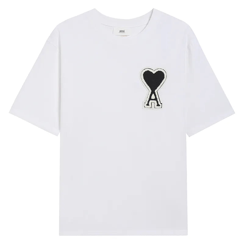 Ami Paris Pure Cotton Heart Embroidered Couple Unisex White T-Shirt