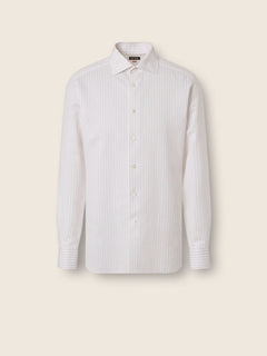 Zegna Light Taupe And White Striped Cotton Linen And Silk Shirt