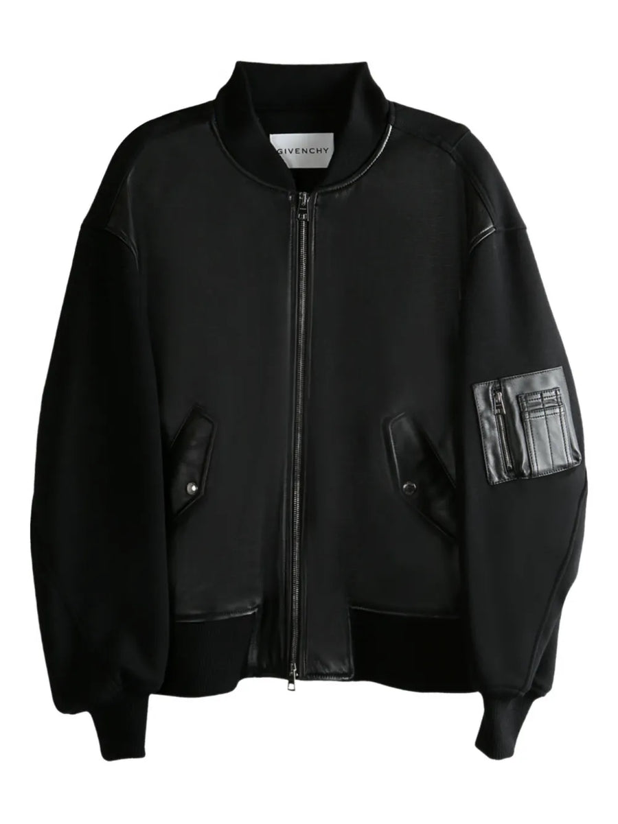 leather-paneled bomber jacket