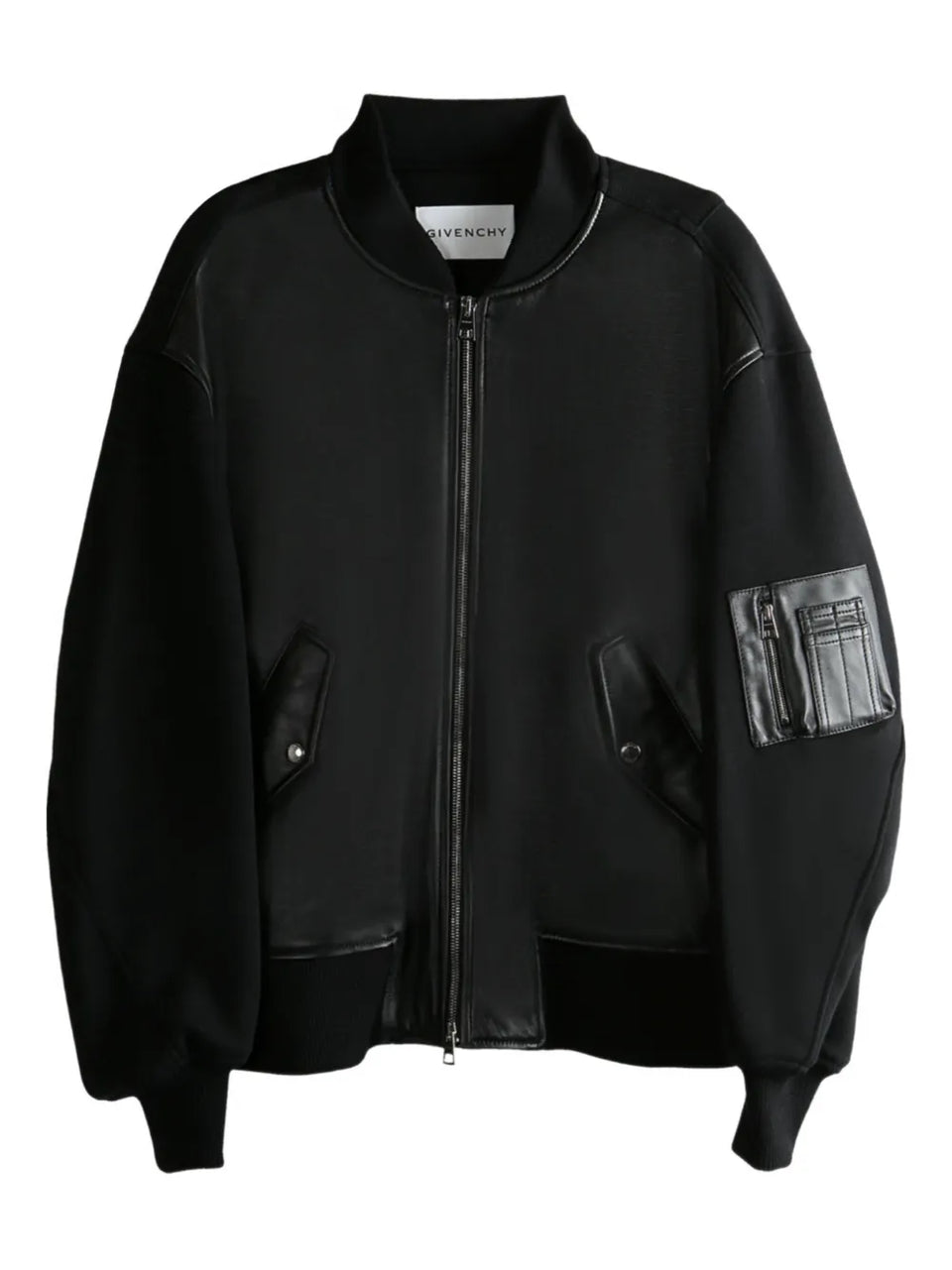 leather-paneled bomber jacket
