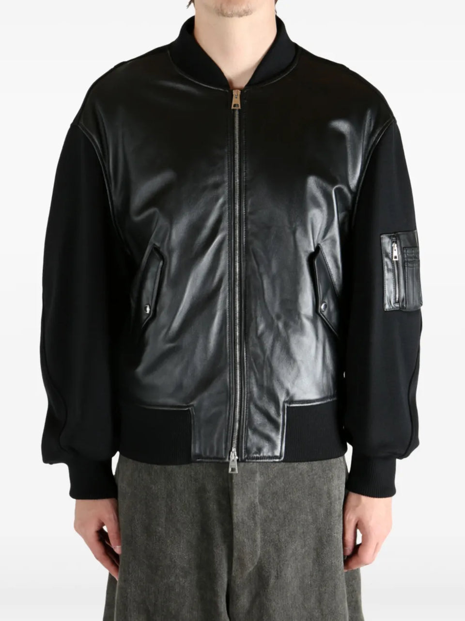 leather-paneled bomber jacket