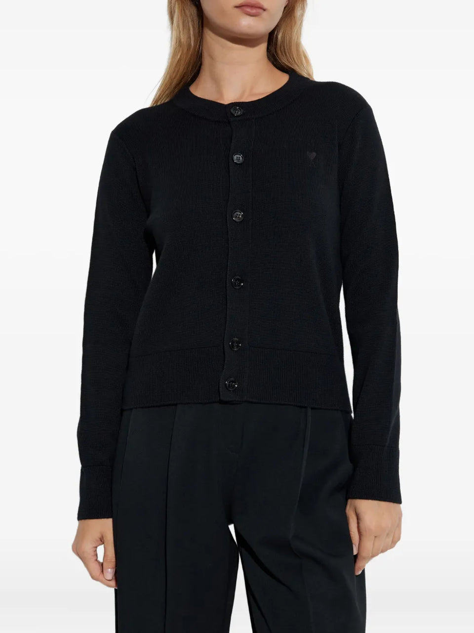 heart-embroidered button wool cardigan
