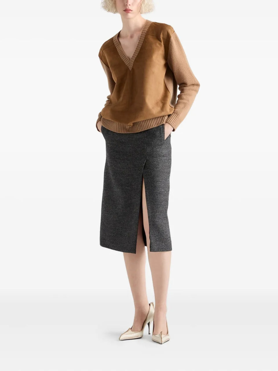 suede-panel V-neck sweater