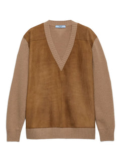 suede-panel V-neck sweater