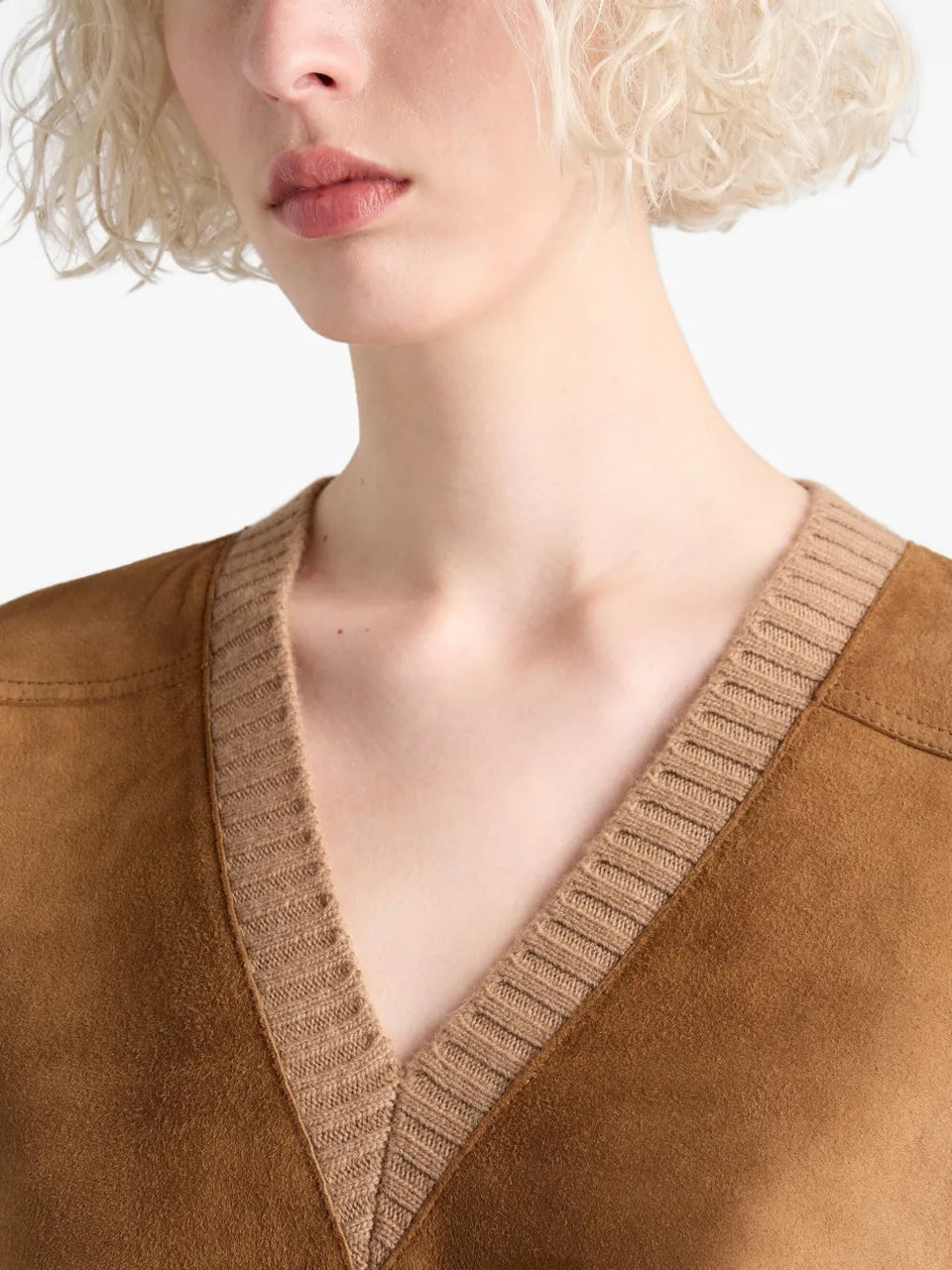 suede-panel V-neck sweater
