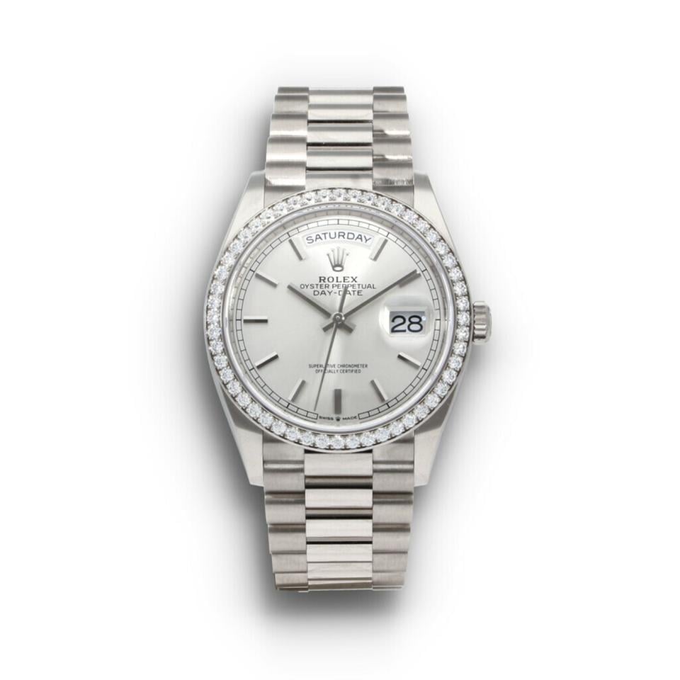 Rolex | Day-Date | 128349RBR-0001 | White gold | 36 mm | White gold | Silver | Automatic