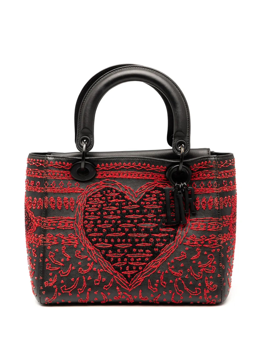 2018 Medium Smooth Calfskin Embroidered Heart Playing Cards Lady Dior satchel