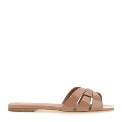 Powder Pink Leather Patent Finish Square Open Toe Multi-Way Strap Design Flat Sole Slip-On Style
