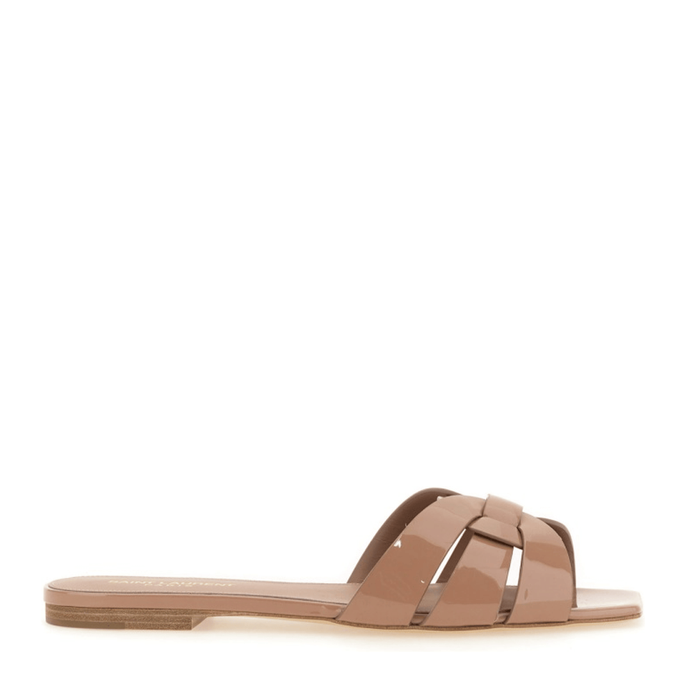 Powder Pink Leather Patent Finish Square Open Toe Multi-Way Strap Design Flat Sole Slip-On Style
