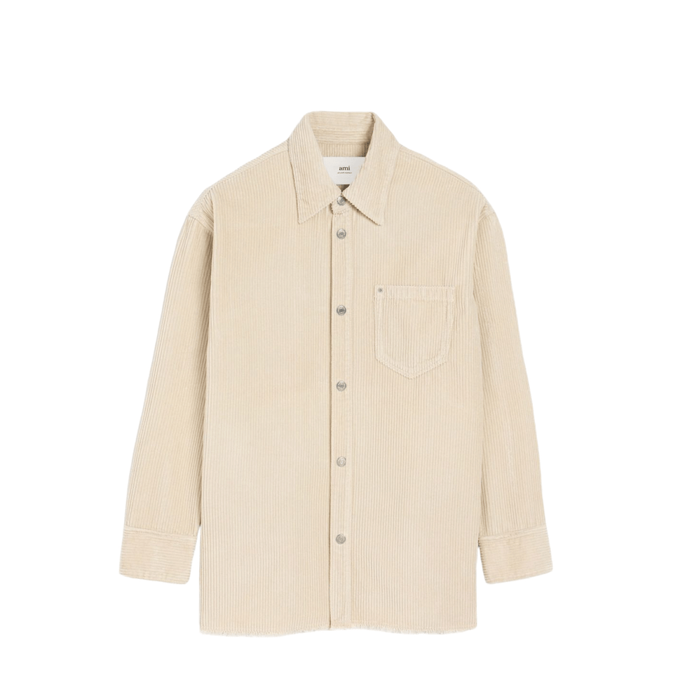 Ivory White Cotton Corduroy Side Slit Overshirt