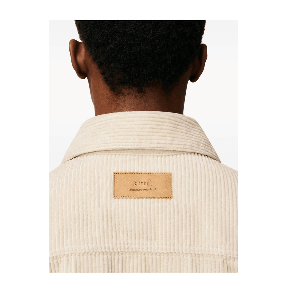 Ivory White Cotton Corduroy Side Slit Overshirt