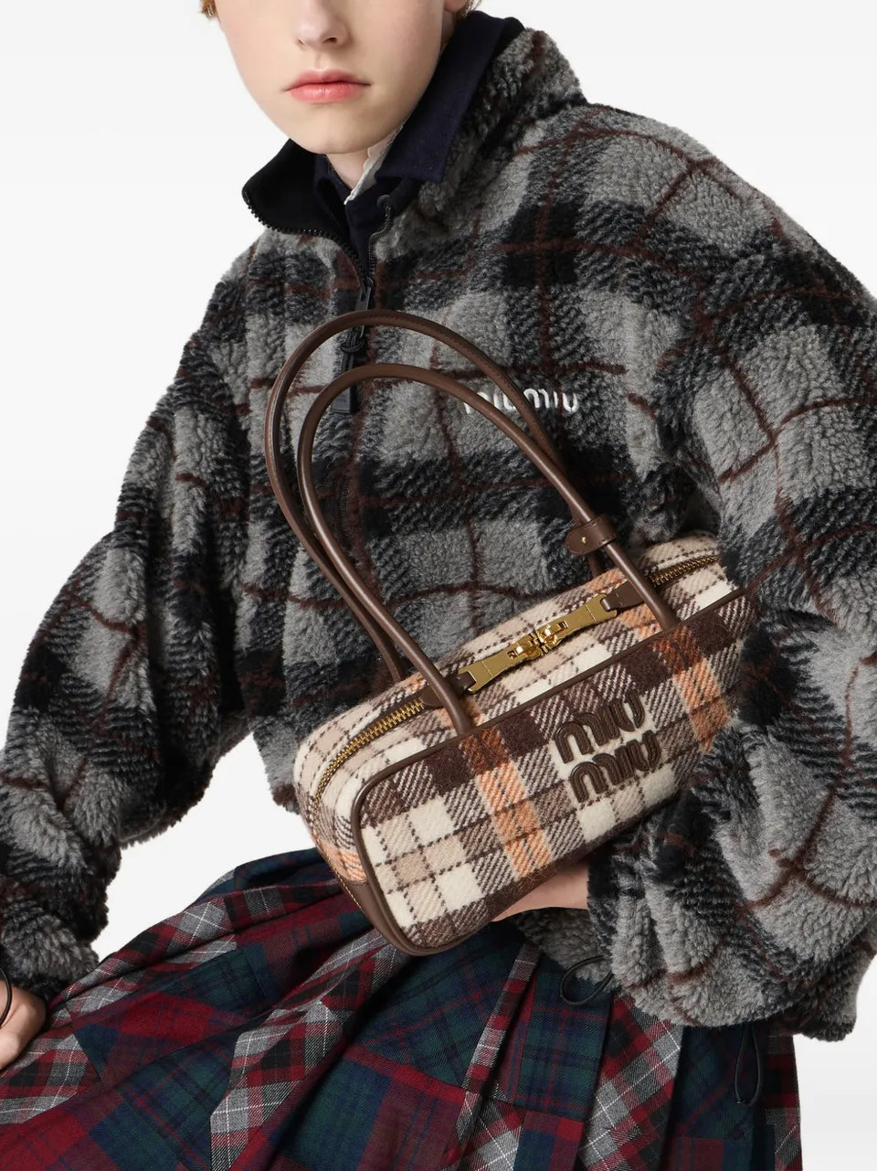 checked-pattern teddy-fleece jacket