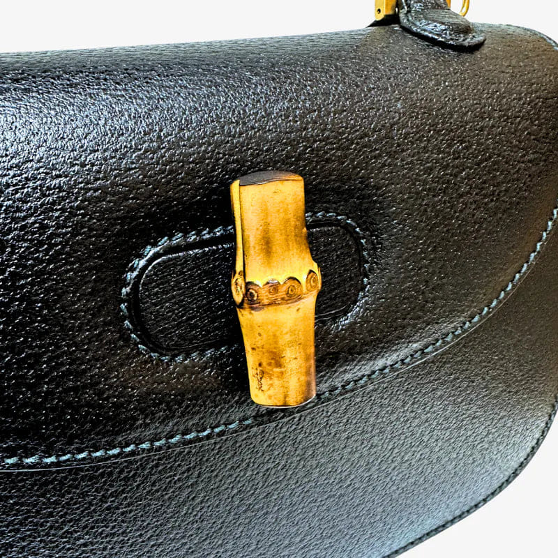 JW392 - GUCCI Vintage Black Pigskin Leather Bamboo Shoulder Bag
