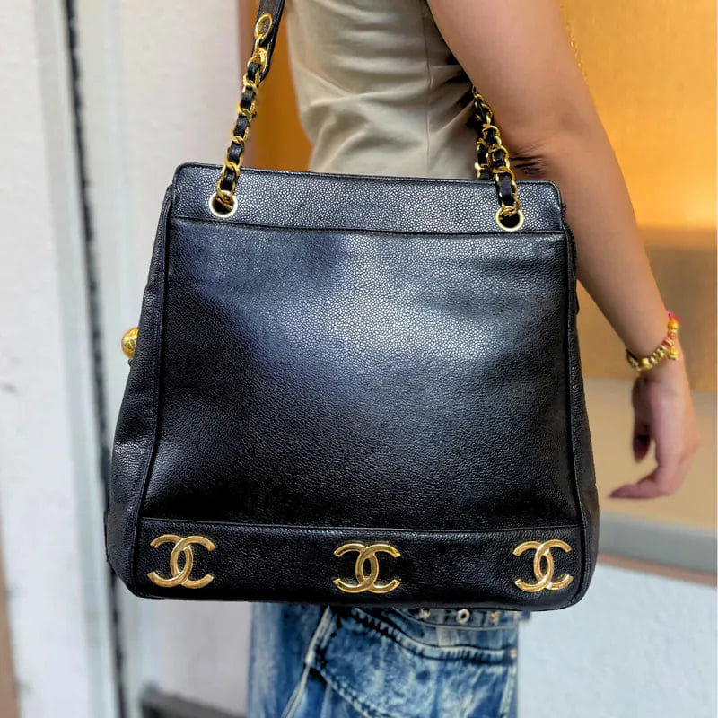 RA174 - CHANEL Vintage Black Caviar Leather Triple CC Tote Bag